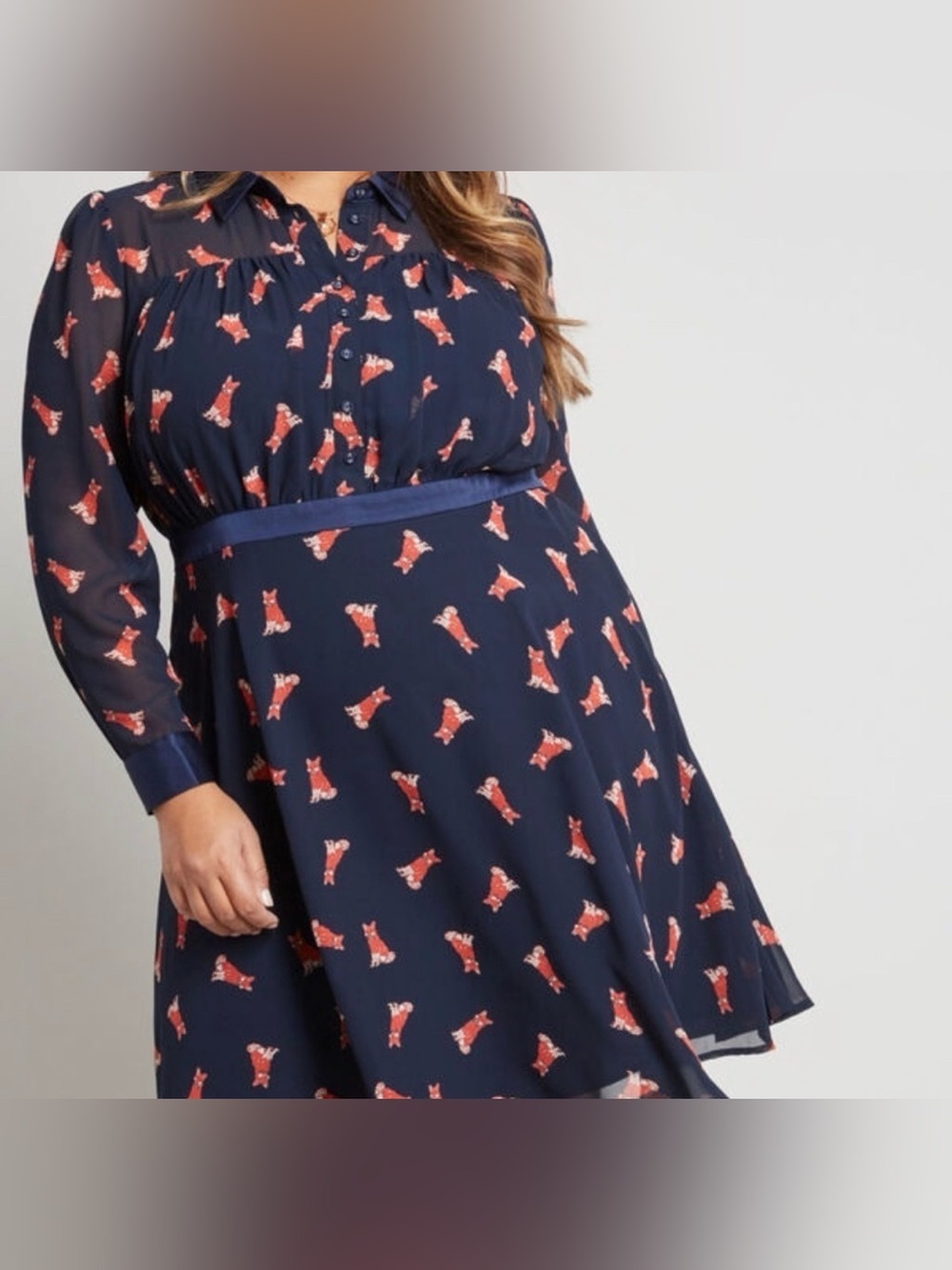 EUC: ModCloth Navy Chiffon Fox Print Shirt Dress - Picture 2 of 8